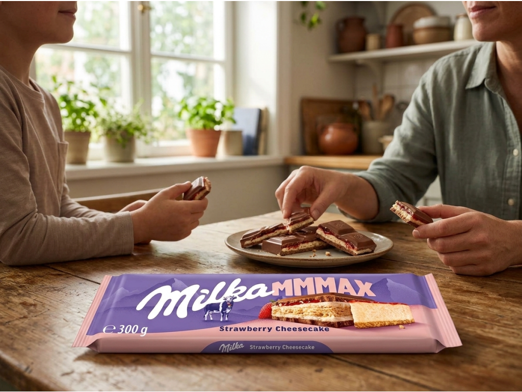 Milka MMMAX mléčná čokoláda s jahodovým cheesecakem a sušenkou 300 g - společné vychutnávání