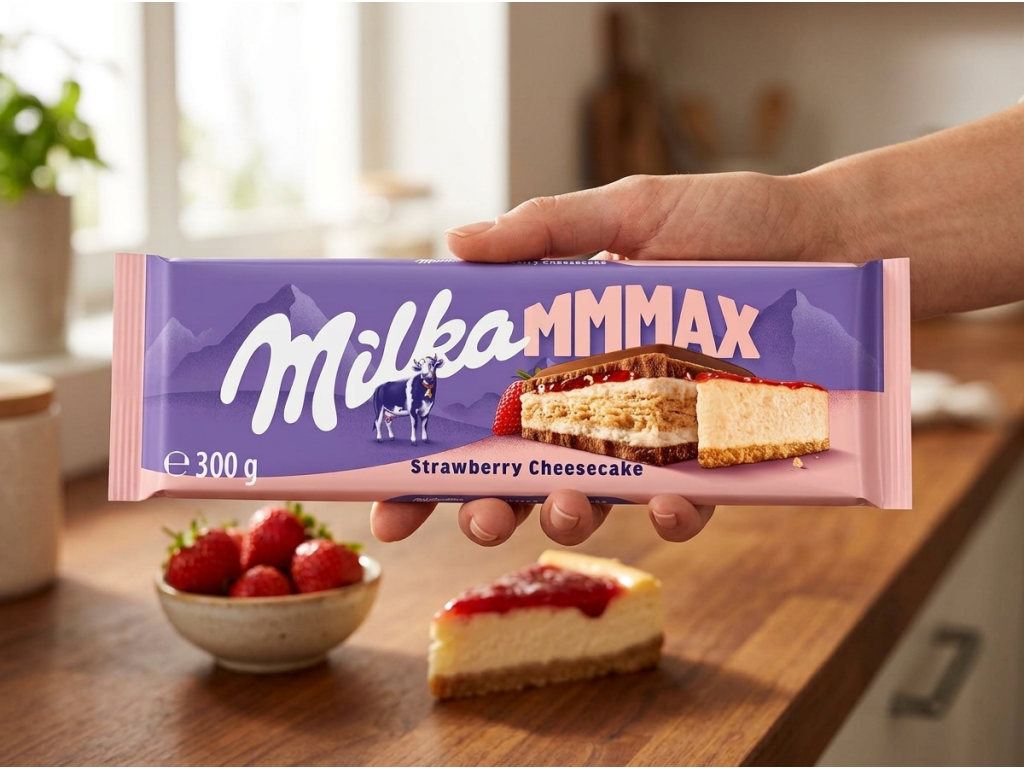 Milka MMMAX mléčná čokoláda s jahodovým cheesecakem a sušenkou 300 g - velká tabulka v ruce