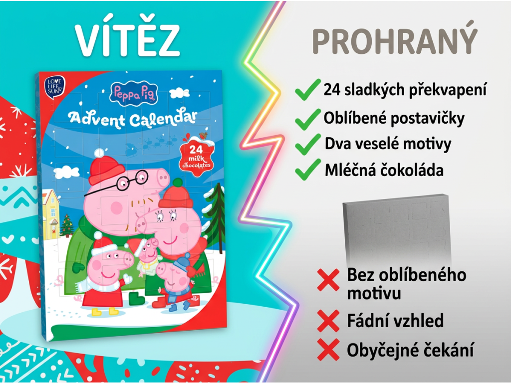 Srovnání Hasbro Peppa Pig čokoládový adventní kalendář 50 g s běžným kalendářem
