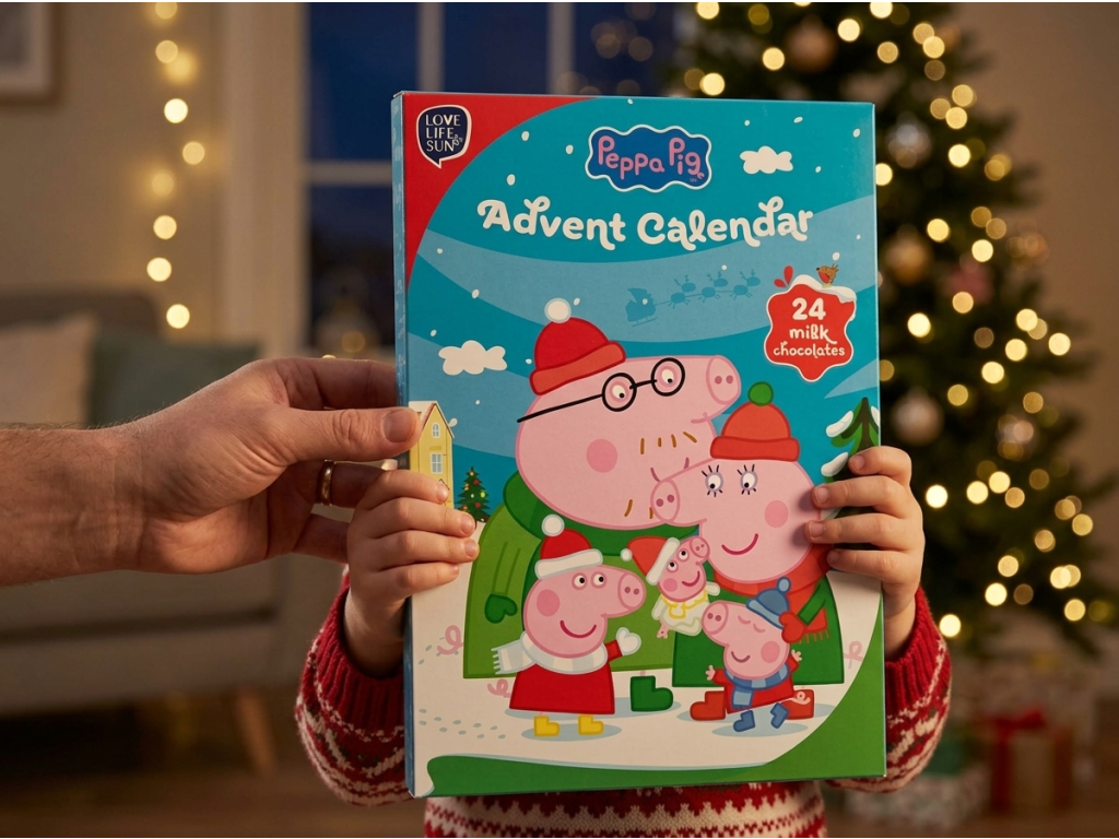 Hasbro Peppa Pig čokoládový adventní kalendář 50 g držený v dětských rukou