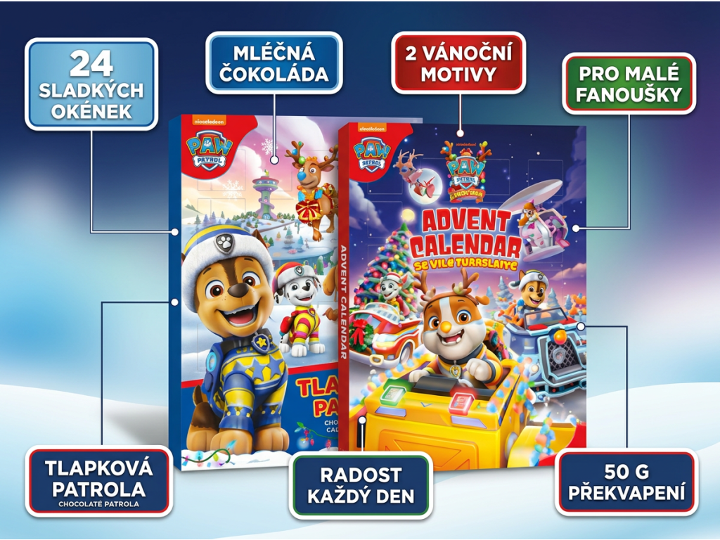 Paw Patrol adventní kalendář s mléčnou čokoládou 50 g – hlavní výhody