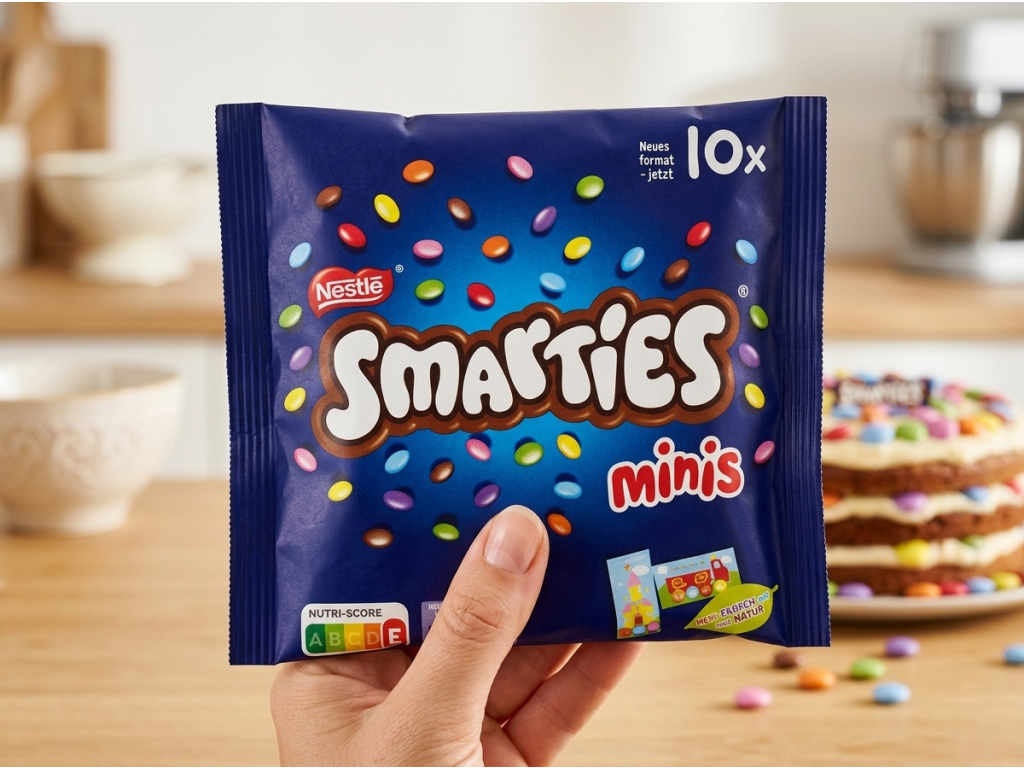Smarties Mini čokoládové dražé držené v ruce