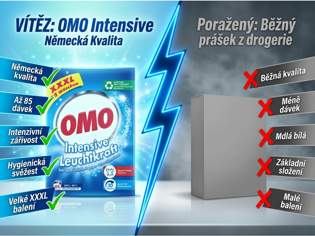 OMO Intensive Leuchtkraft vs. běžný prací prášek - srovnání