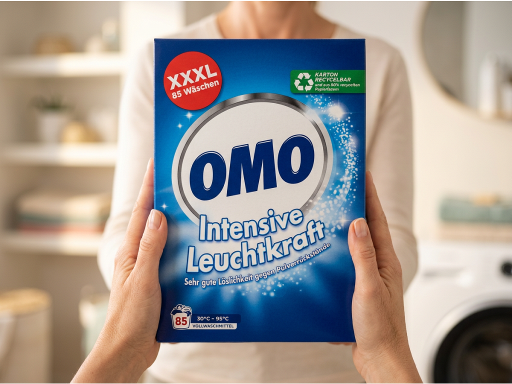 OMO Intensive Leuchtkraft prací prášek držený v ruce