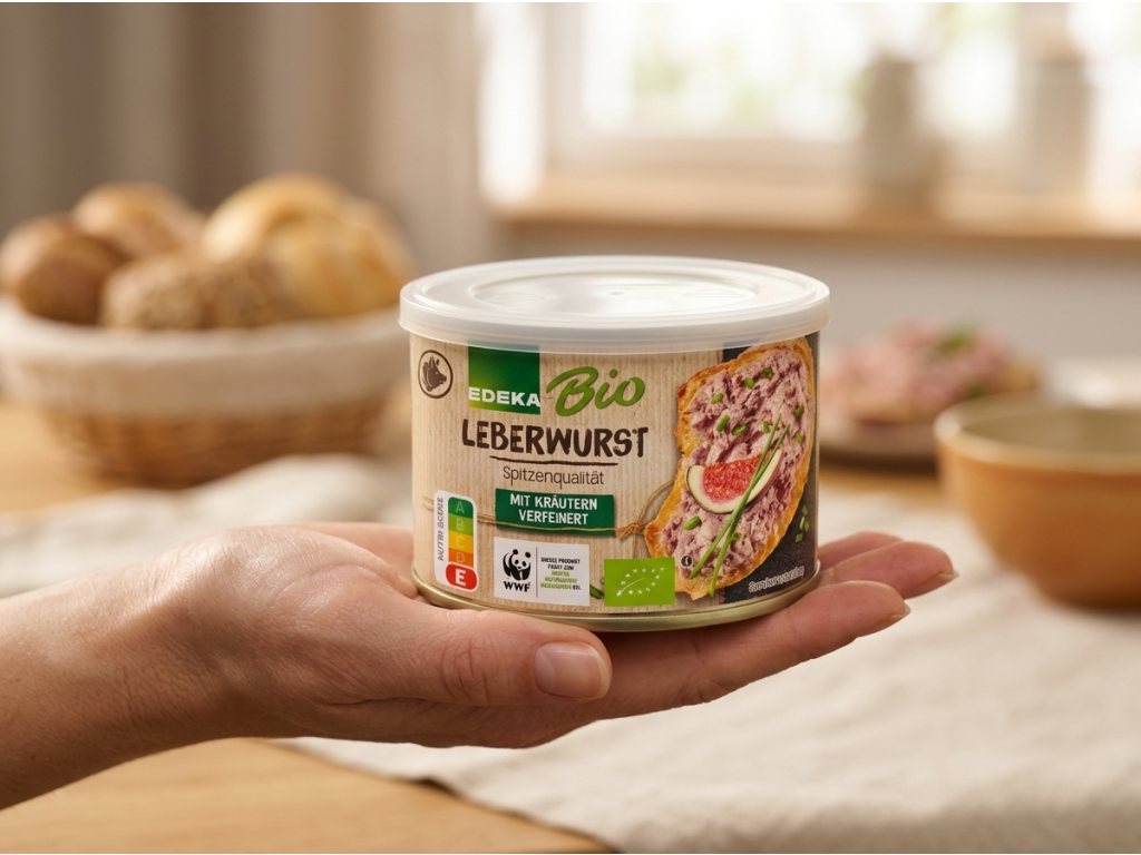 EDEKA Bio játrová paštika s bylinkami 200 g držená v ruce