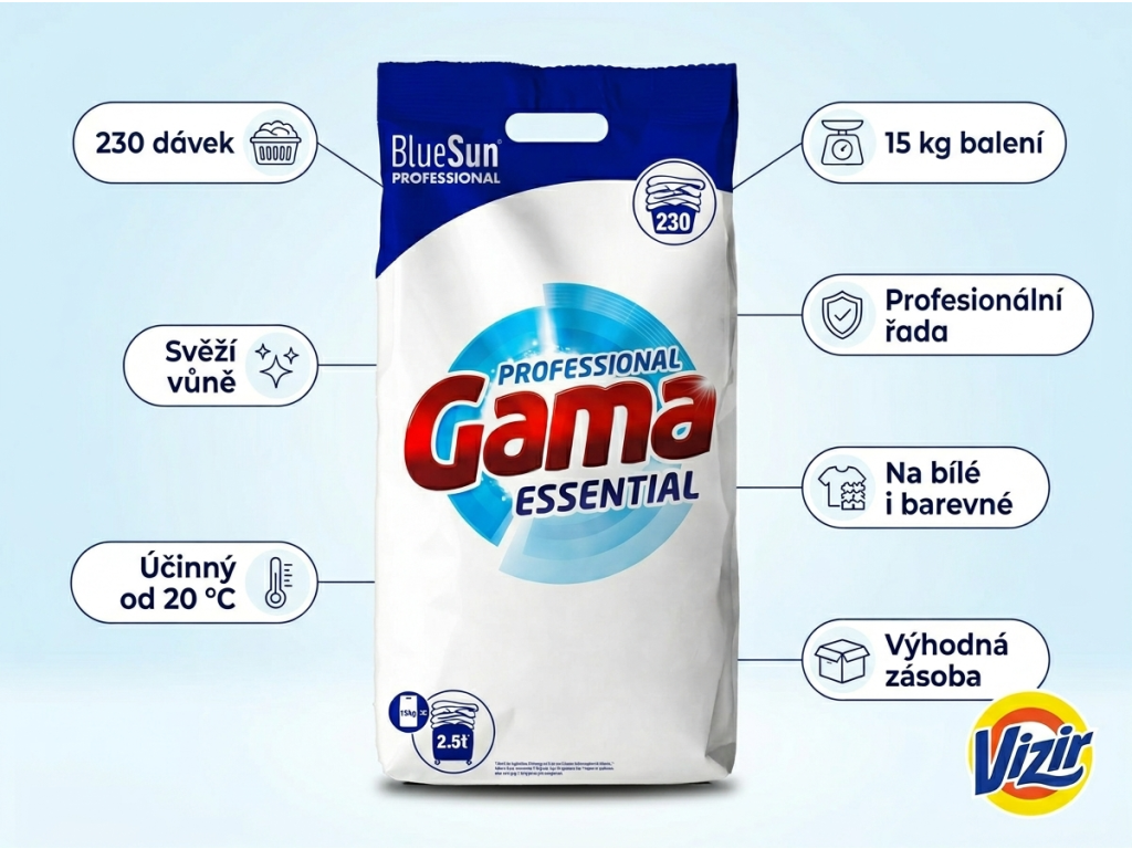 Vizir Gama Professional Essential prací prášek 15 kg - přehled výhod