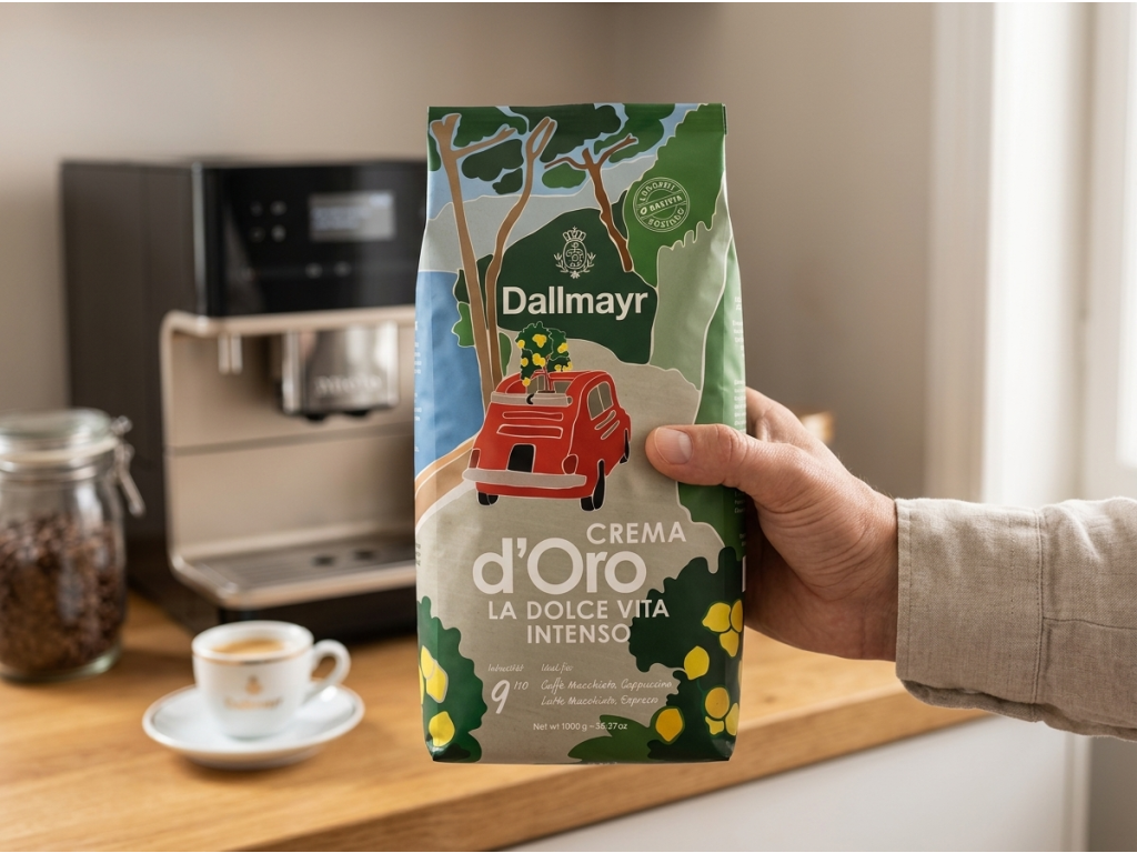 Balení Dallmayr La Dolce Vita Intenso držené v ruce