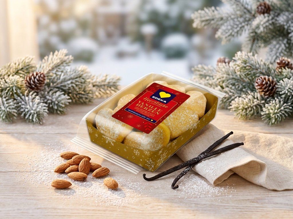 Edeka vanilkové pečivo s mandlemi v zimním prostředí