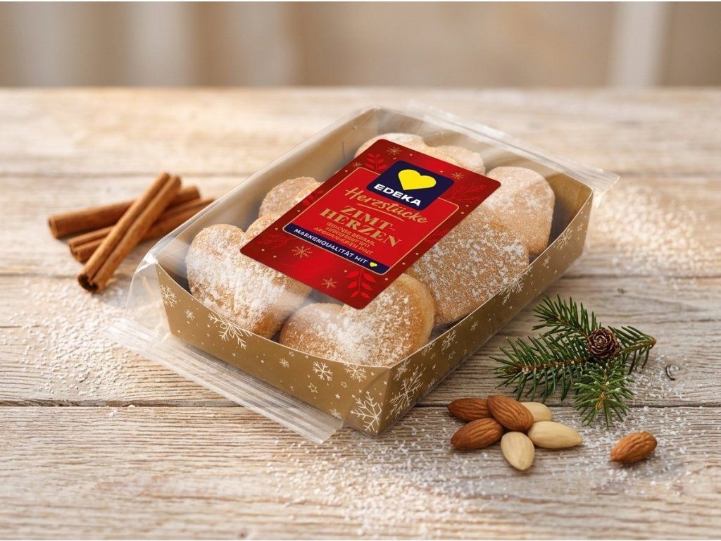 Skořicové pečivo Edeka Herzstücke v zimní atmosféře