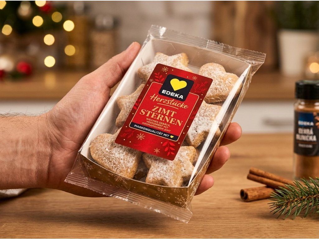 Balení Edeka Herzstücke skořicového pečiva v ruce