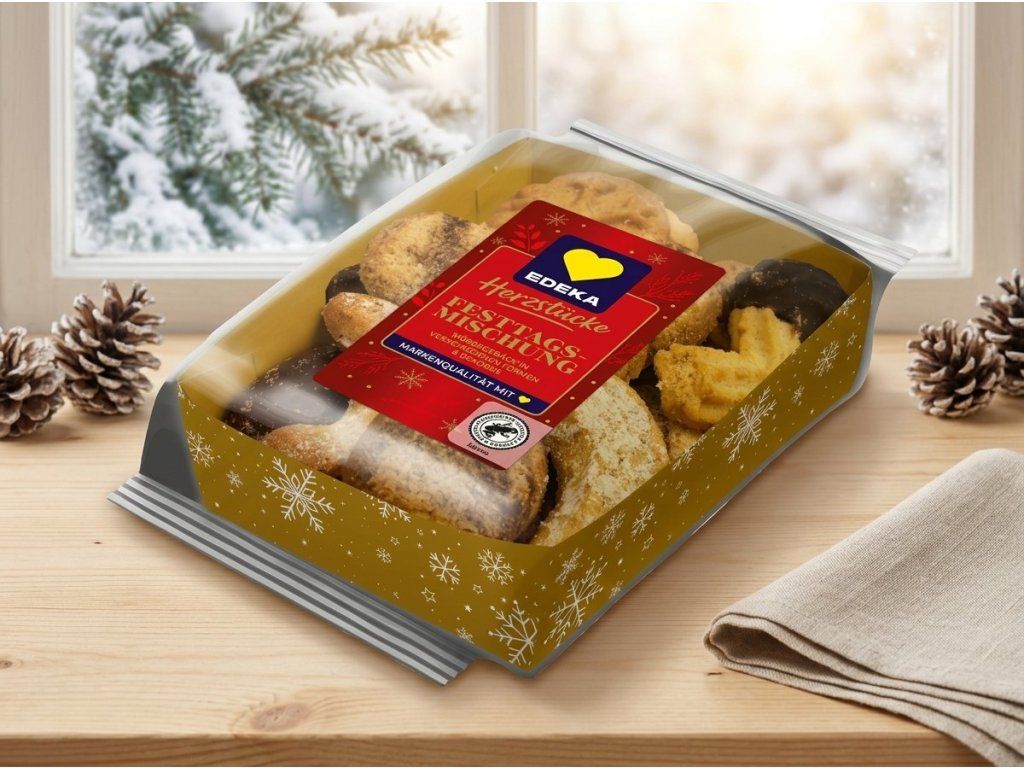 Edeka Herzstücke sváteční směs sušenek v zimním prostředí