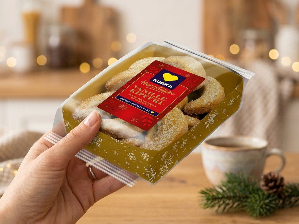 Balení vanilkových rohlíčků Edeka držené v ruce