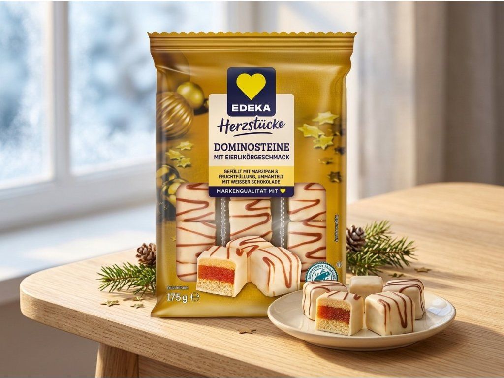 Edeka Herzstücke dominové kostky v zimním prostředí