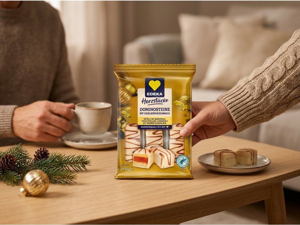 Edeka Herzstücke dominové kostky při posezení u kávy
