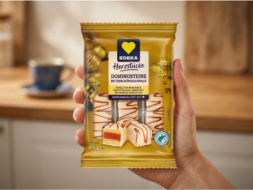 Edeka Herzstücke dominové kostky s vaječným likérem v ruce