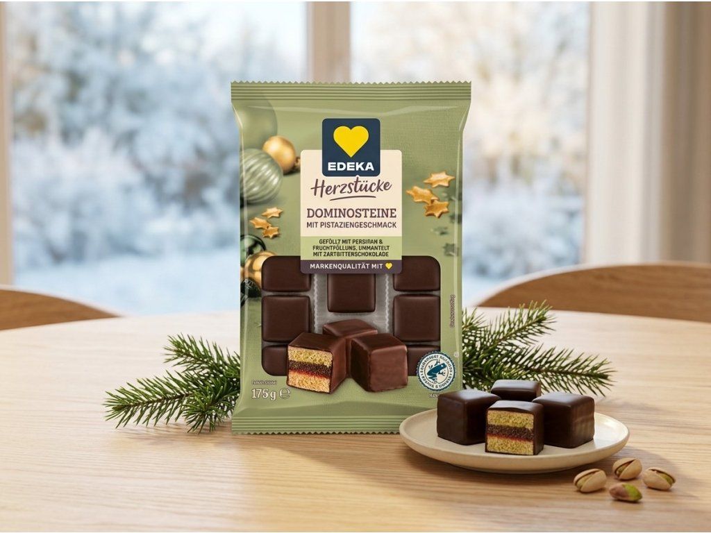 Edeka Herzstücke dominové kostky s pistácií v zimním prostředí