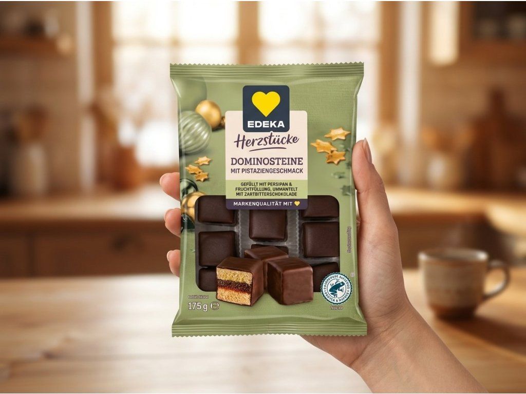 Edeka Herzstücke dominové kostky s pistácií v ruce