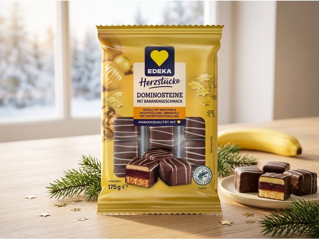 Edeka Herzstücke banánové dominové kostky v zimním prostředí