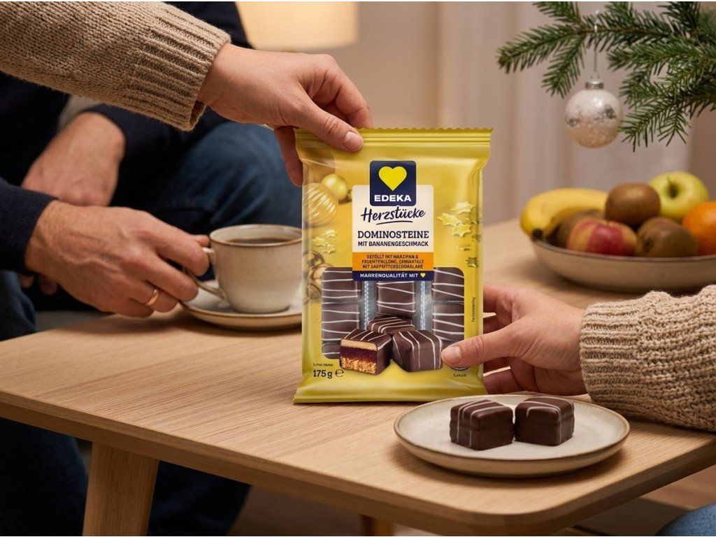 Edeka Herzstücke banánové dominové kostky při posezení u kávy