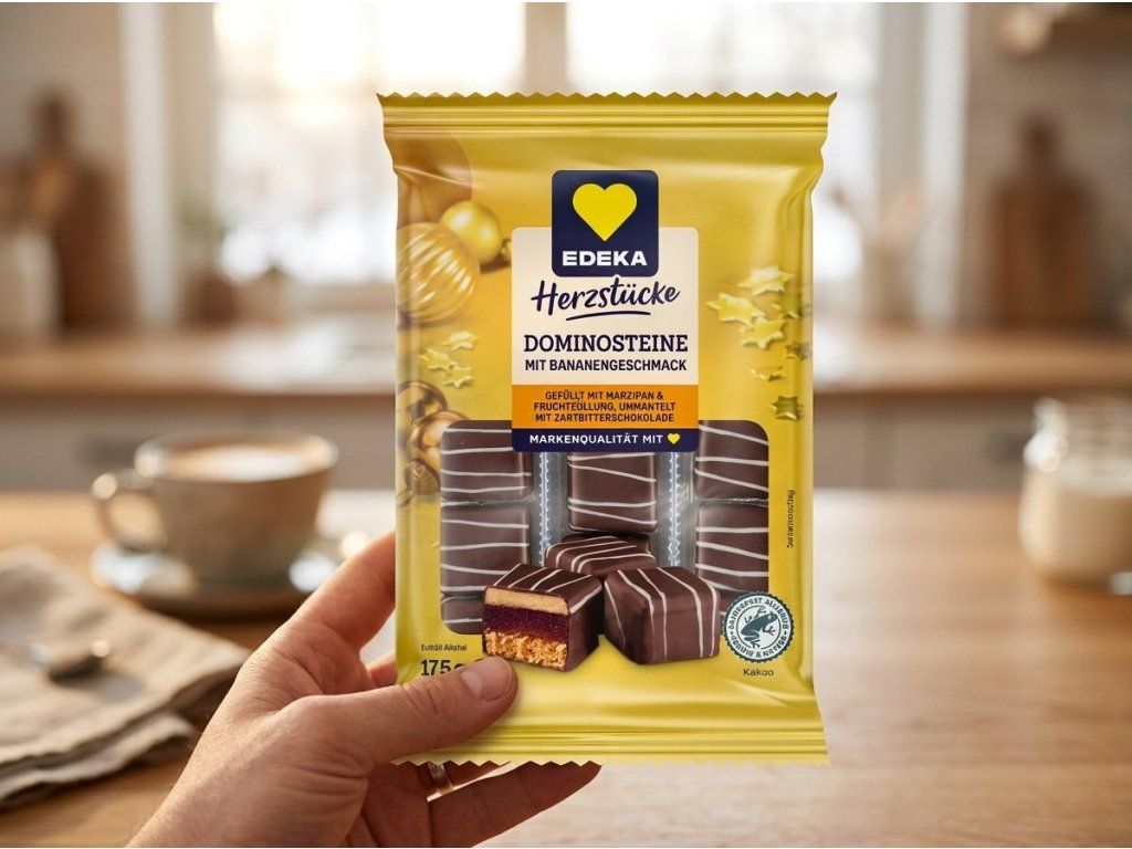 Edeka Herzstücke banánové dominové kostky v ruce