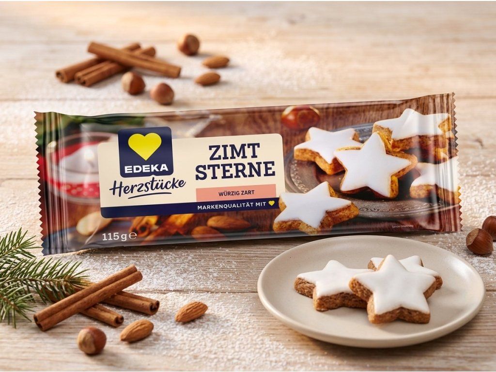 Skořicové hvězdičky Edeka Herzstücke v zimní atmosféře