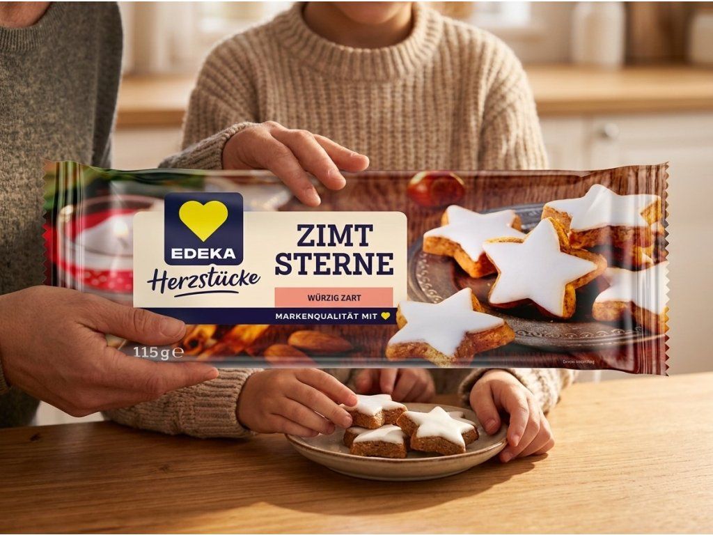 Servírování skořicových hvězdiček Edeka Herzstücke