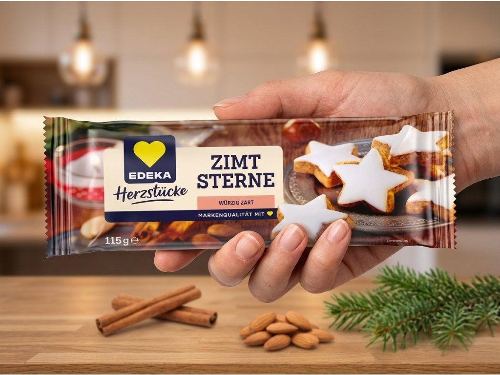 Balení skořicových hvězdiček Edeka Herzstücke v ruce
