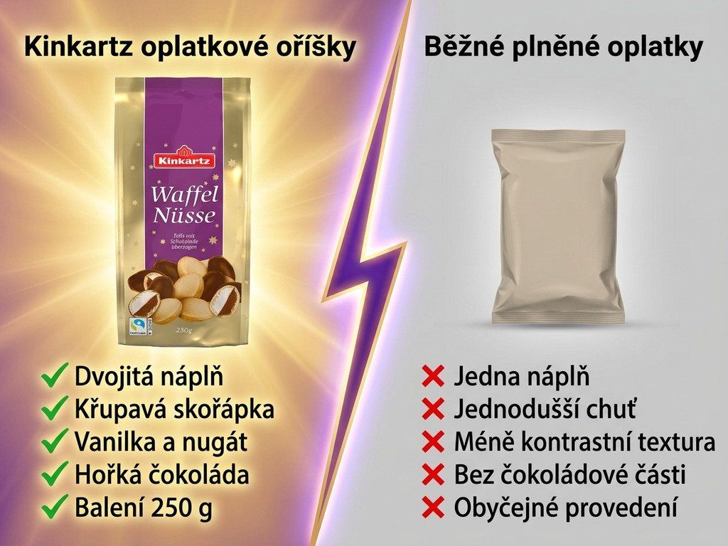 Srovnání Kinkartz křupavé oplatkové oříšky s vanilkovou a nugátovou náplní 250 g s běžnými plněnými oplatkami