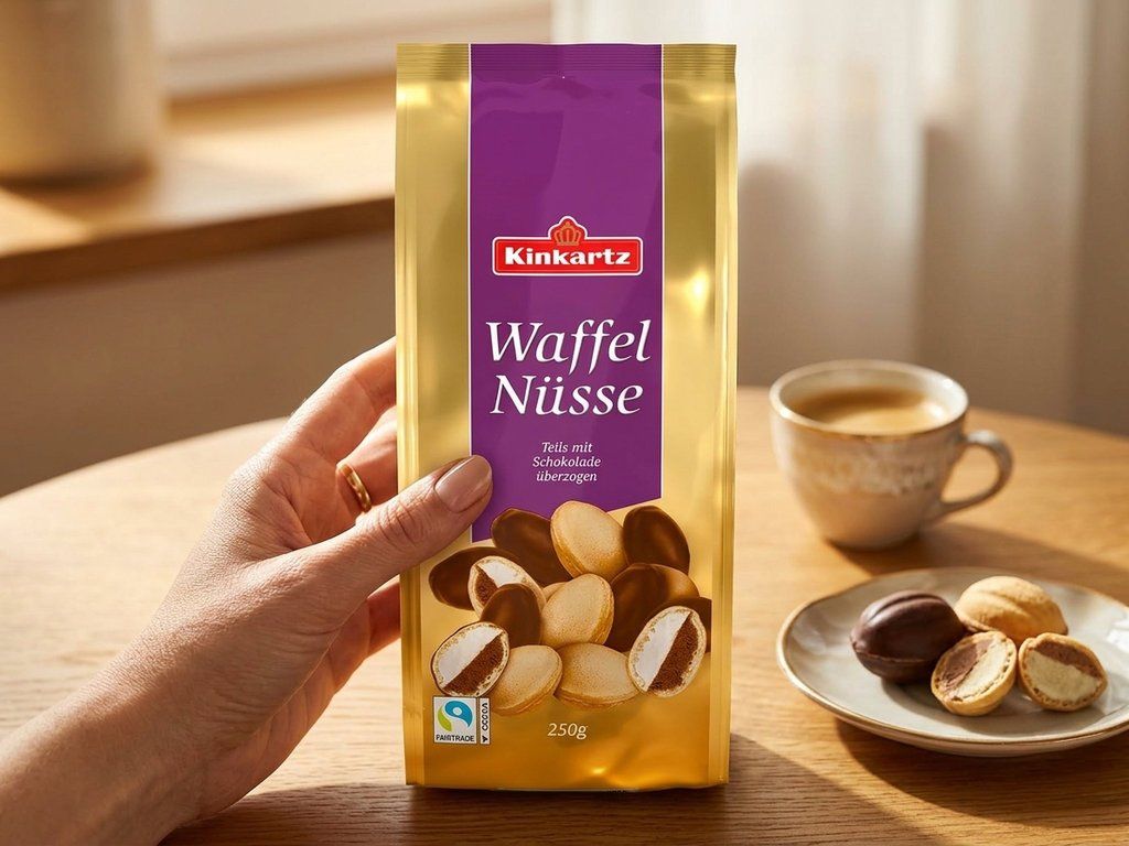 Kinkartz křupavé oplatkové oříšky s vanilkovou a nugátovou náplní 250 g v ruce