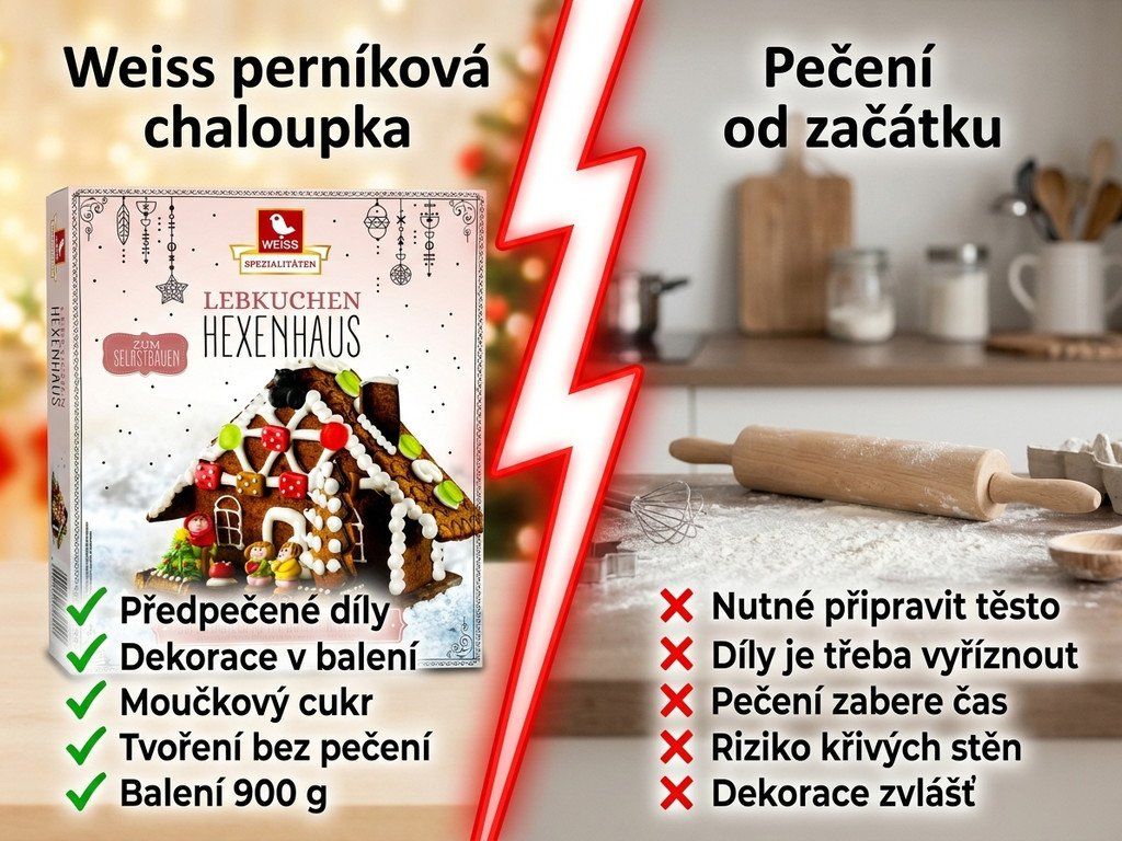 Srovnání Weiss perníková chaloupka – stavebnice s dekoracemi 900 g s pečením chaloupky od základu