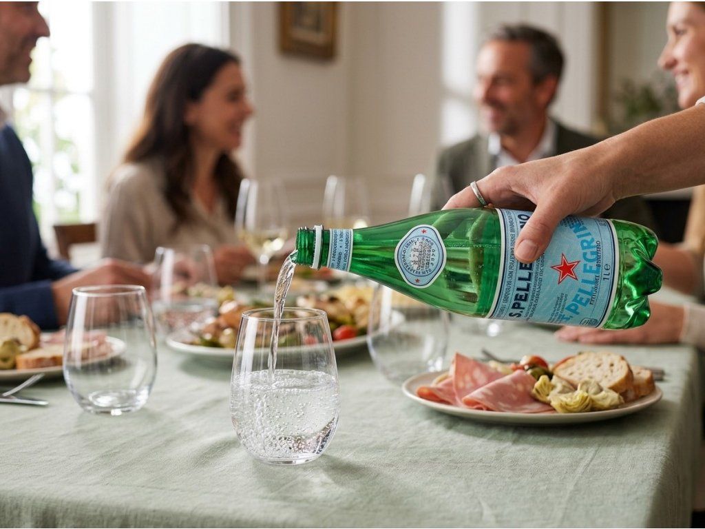 Nalévání perlivé minerální vody S.Pellegrino ke společnému jídlu