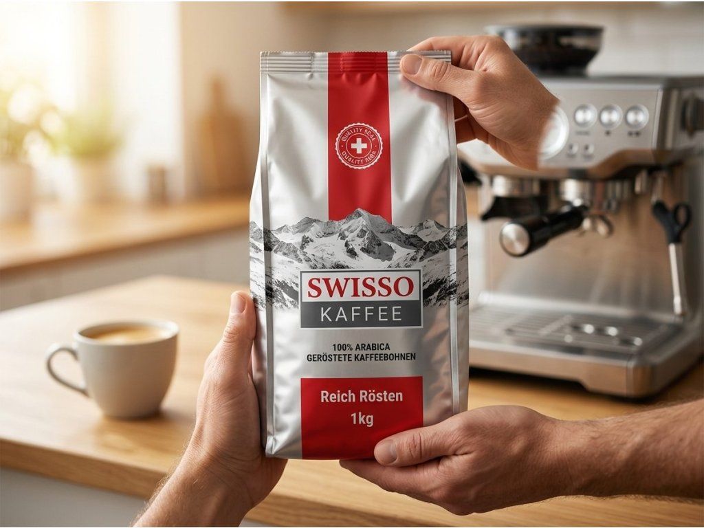 Balení zrnkové kávy Swisso držené v ruce