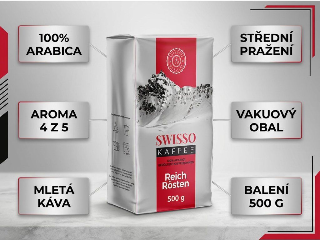 Swisso mletá káva 100% arabica - hlavní vlastnosti