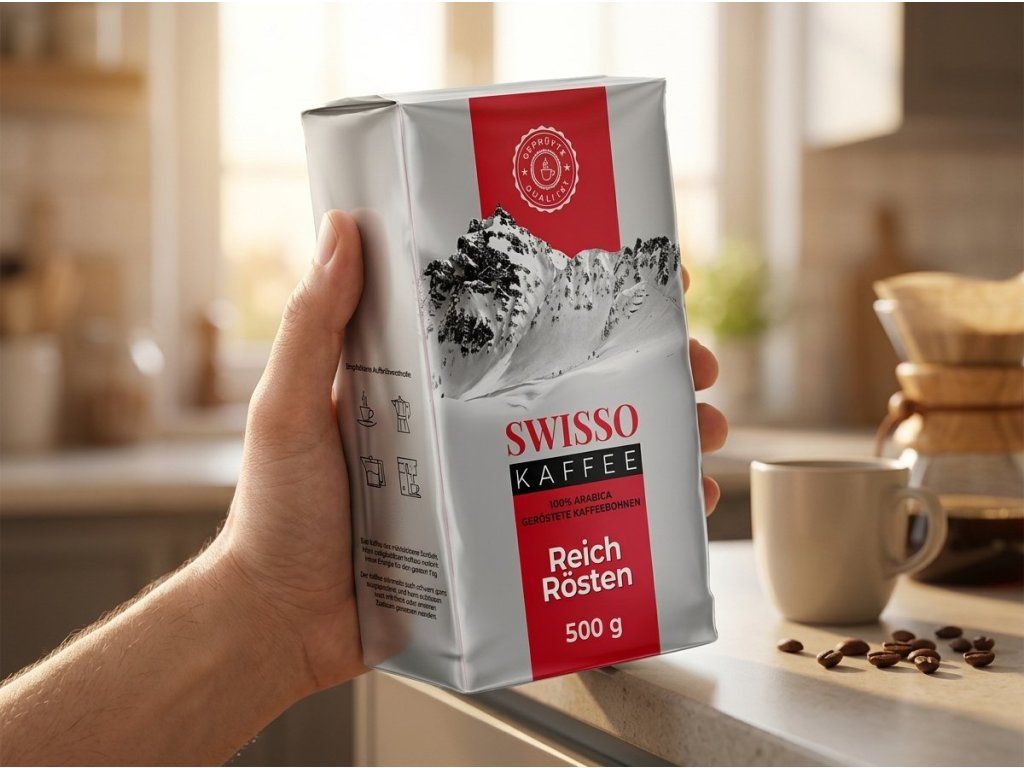 Balení mleté kávy Swisso v ruce