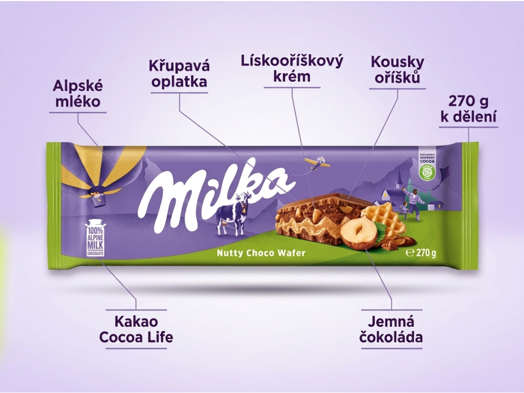 Milka mléčná čokoláda s oplatkou a lískovými oříšky 270 g - hlavní výhody