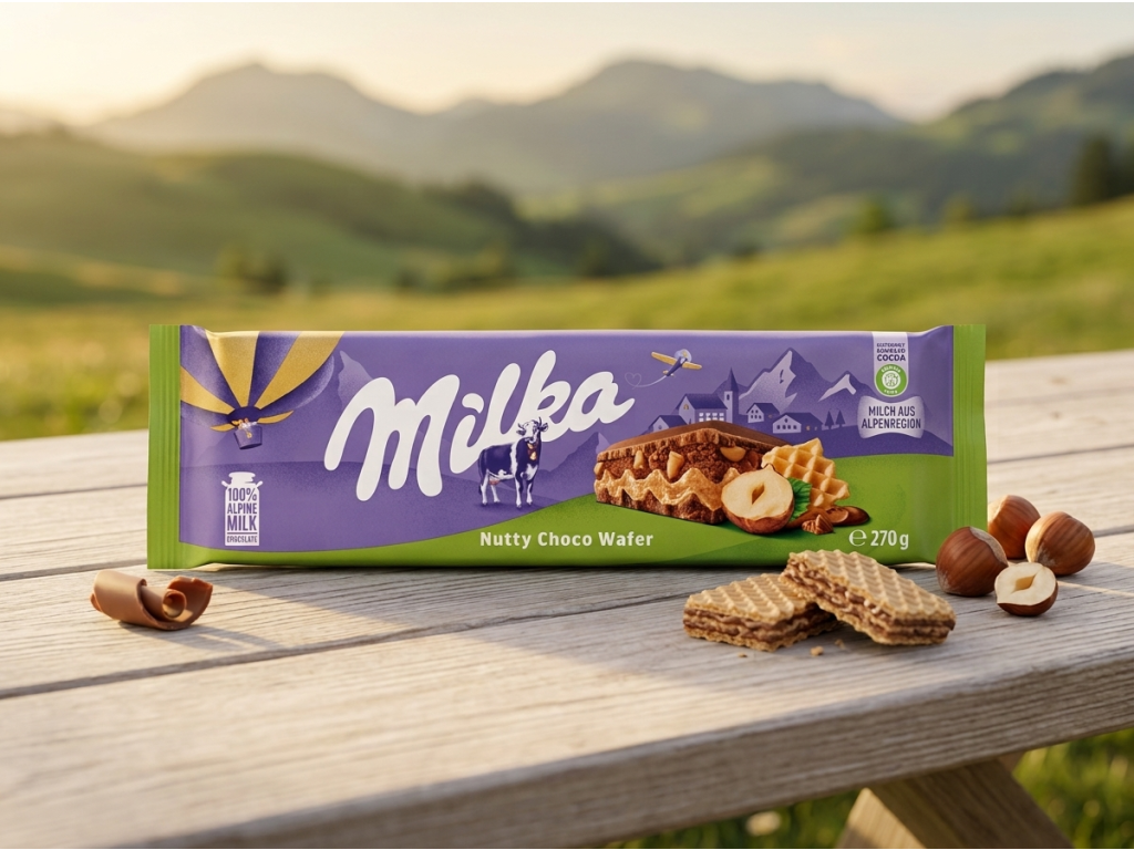 Milka mléčná čokoláda s oplatkou a lískovými oříšky 270 g - oplatka a lískové oříšky