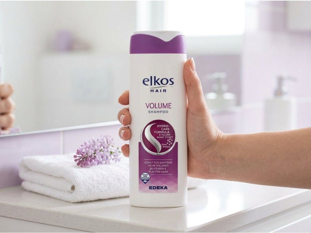 Láhev Elkos Hair šamponu pro objem v ruce
