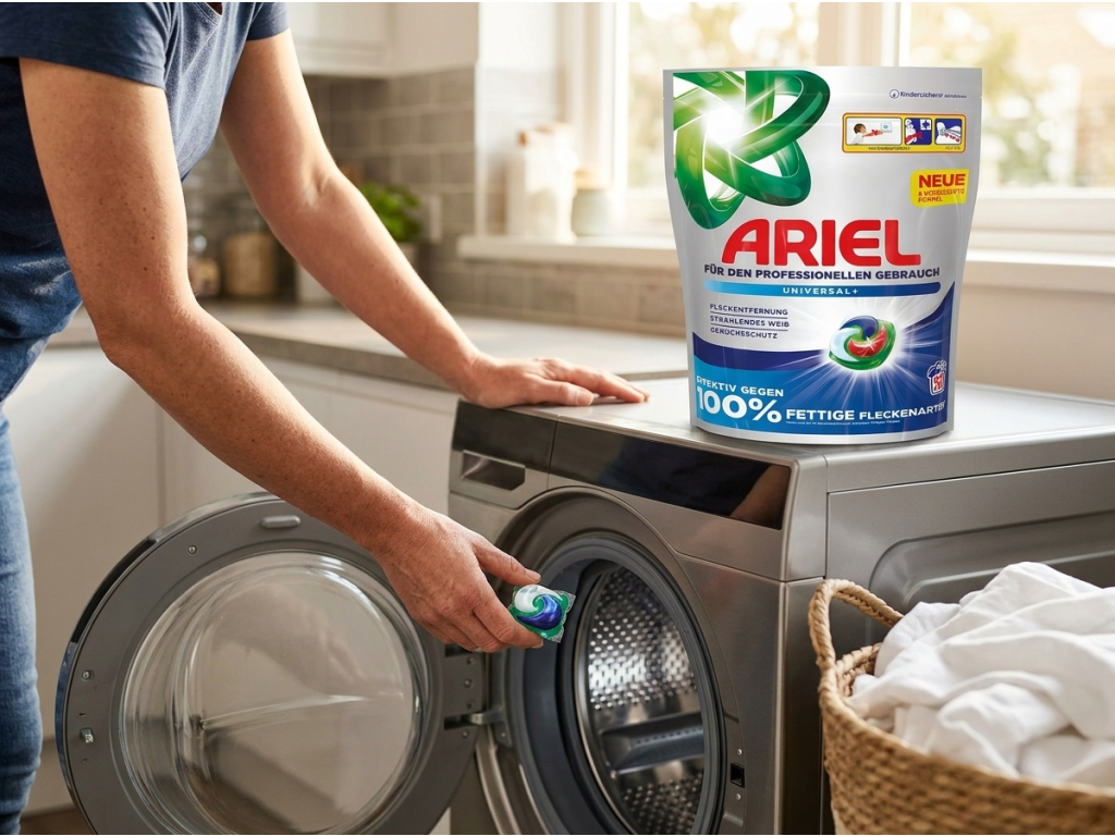Žena vkládá Ariel kapsli do pračky