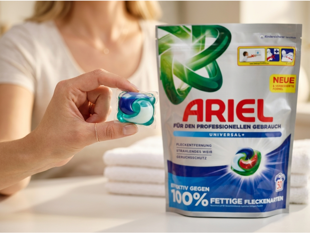 Ruka držící tříkomorovou Ariel kapsli