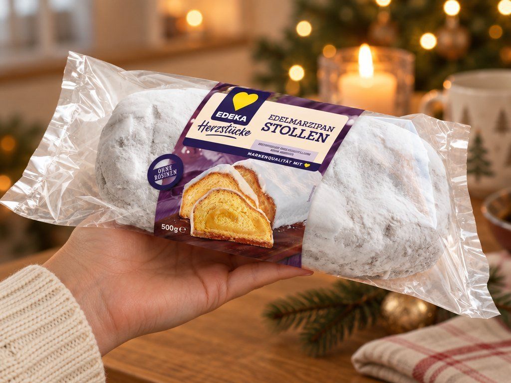 Balení Edeka Herzstücke marcipánová štola 500 g v ruce