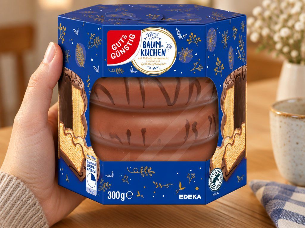 Modrá krabička koláče G&G v ruce