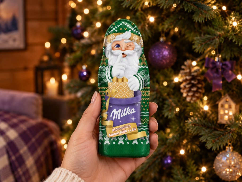 Milka vánoční Mikuláš 90 g – čokoládová figurka v ruce
