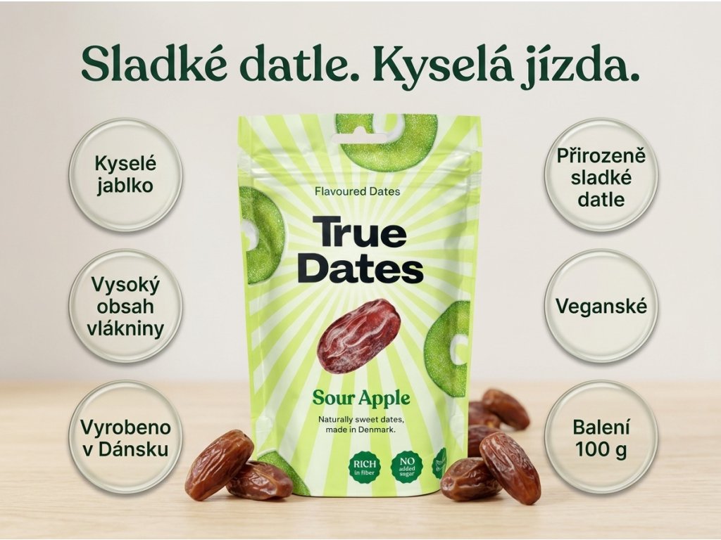 True Dates datle s příchutí kyselého jablka 100 g – přehled vlastností