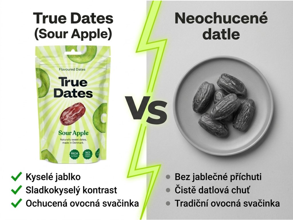 True Dates datle s příchutí kyselého jablka 100 g – srovnání s neochucenými datlemi