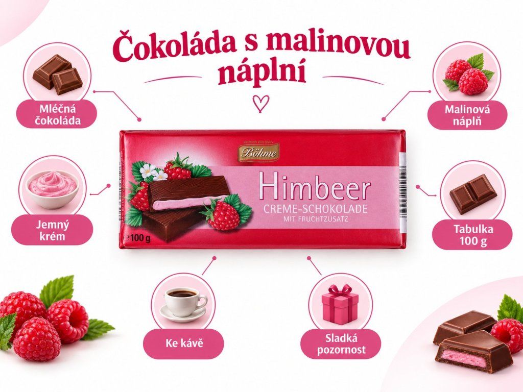 Böhme mléčná čokoláda s malinovou krémovou náplní 100 g – infographic