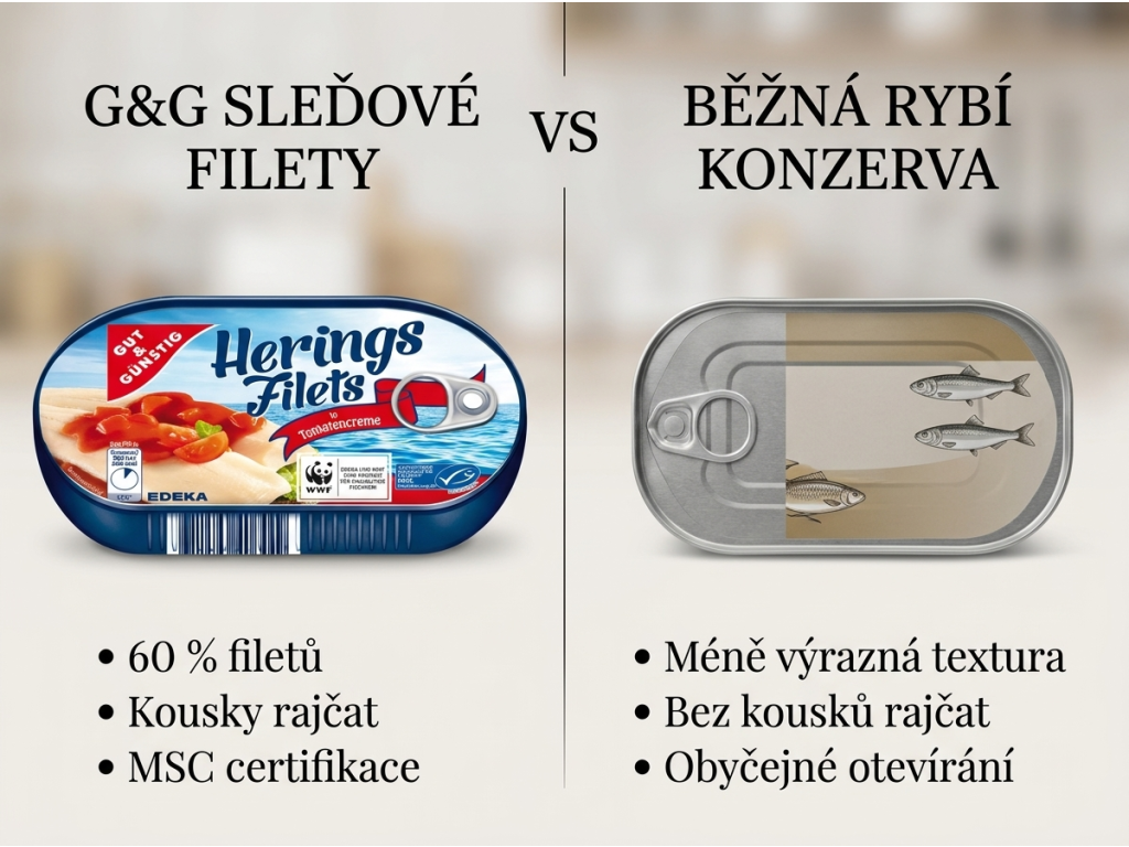 Srovnání G&G sleďových filetů s běžnou rybí konzervou