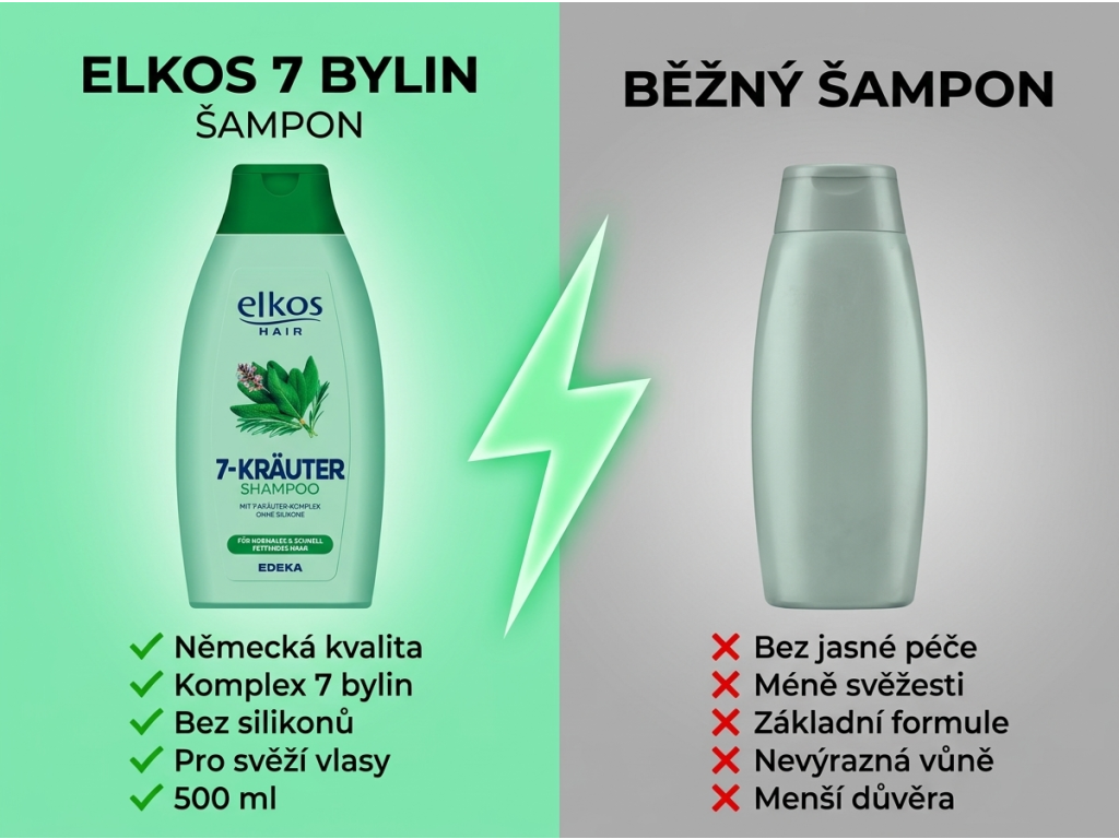 Elkos 7 bylin šampon - srovnání s běžným šamponem
