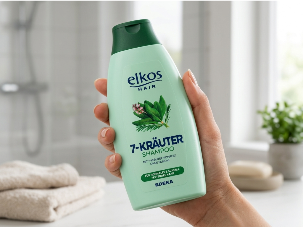 Elkos 7 bylin šampon držený v ruce