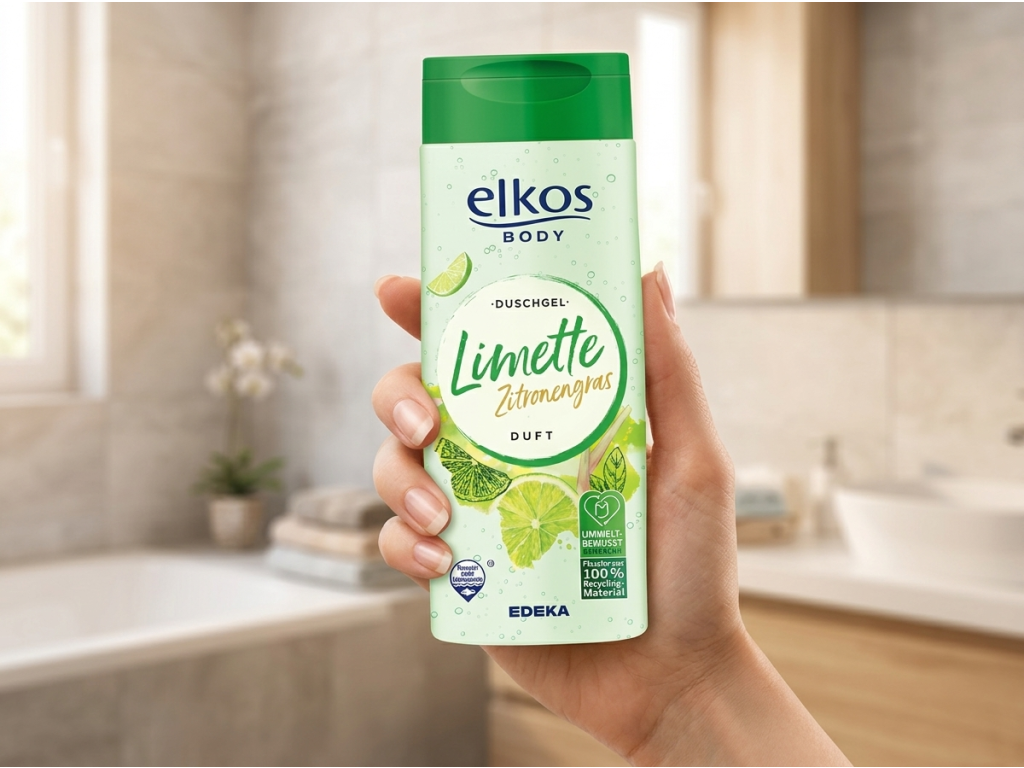 Elkos sprchový gel citrónová tráva a limetka držený v ruce