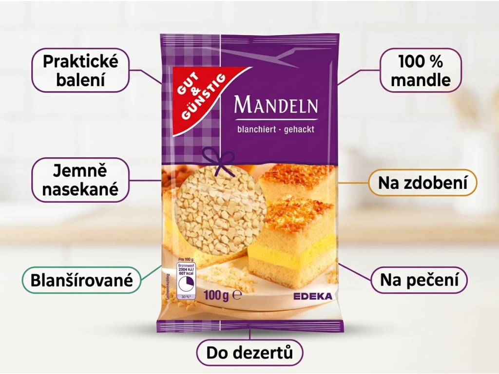 G&G nasekané blanšírované mandle - infografika benefitů